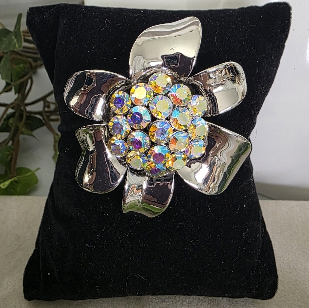 Silver Flower Brooch Pin with AB Crystal Stone Center